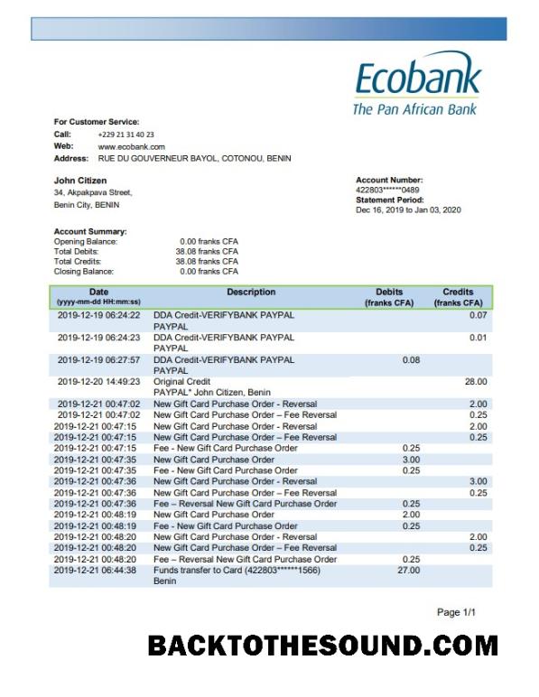 İndir Benin Ecobank Banka Hesap Özeti Örnek taslak