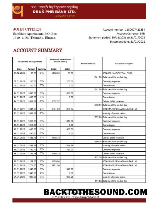 İndir Butan Druk PNB Banka Hesap Özeti Örnek şablon
