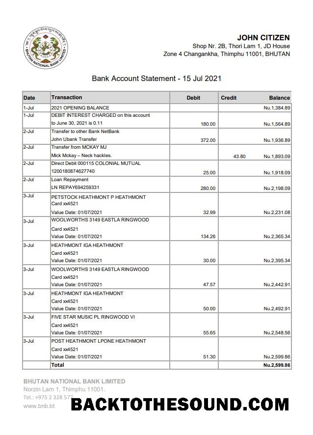 İndir Butan ulusal Banka Hesap Özeti easy to fill in Excel and PDF Format Örnek taslak