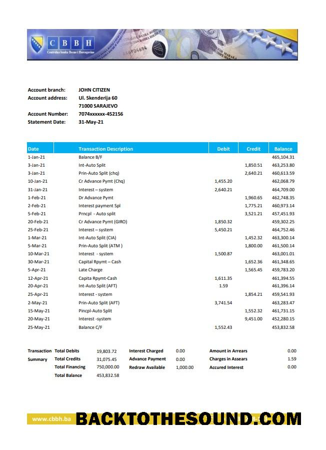 İndir Bosna Hersek Central Banka Hesap Özeti easy to fill in Excel and PDF Format (AutoSum) Örnek ön izleme