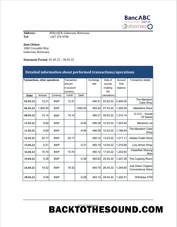 Düzenlenebilir İndir Botsvana Banka ABC Banka Hesap Özeti Şablon, Excel and PDF Format Örnek