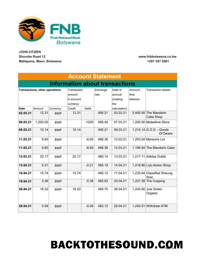 İndir Botsvana FNB of Botsvana Banka Hesap Özeti in .XLS and .PDF Dosya Format Örnek ön izleme