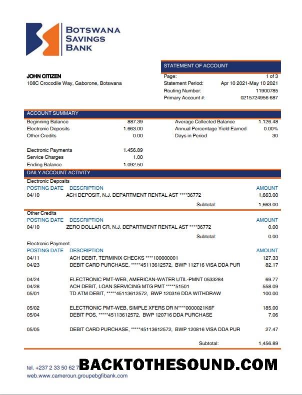 Gerçekçi İndir Botsvana Savings Banka Hesap Özeti Şablon, Word and PDF Format Örnek
