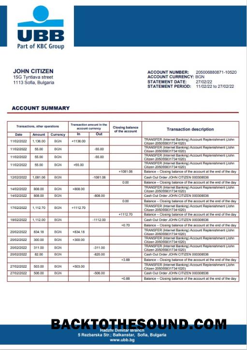 İndir Bulgaristan UBB Banka proof of addres Hesap Özeti in Word and PDF Format Örnek ön izleme