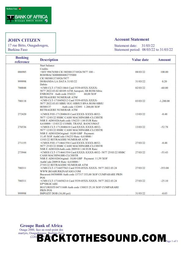Yüksek Kalite İndir Burkina Faso Banka of Africa Banka Hesap Özeti Şablon, Word and PDF Format Örnek