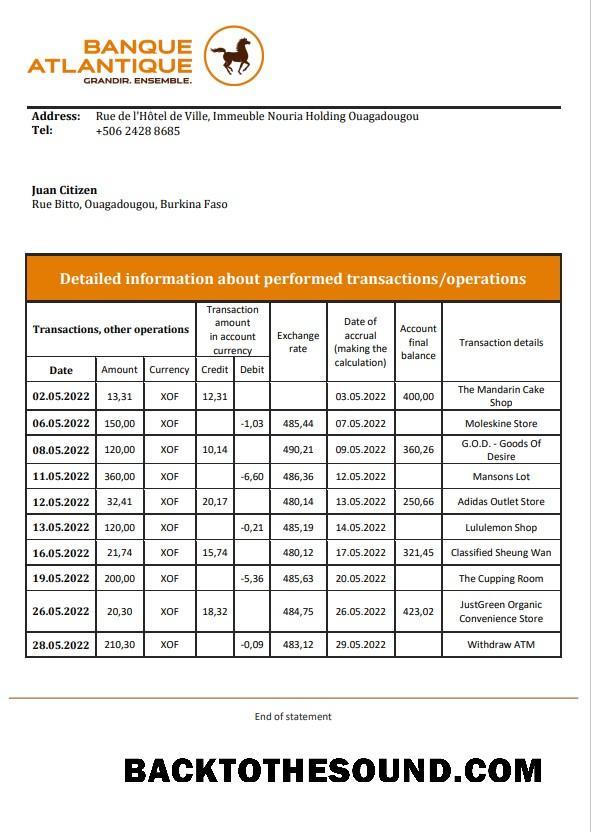 Premium İndir Burkina Faso Banque Atlantique Banka Hesap Özeti Şablon, Word and PDF Format Örnek