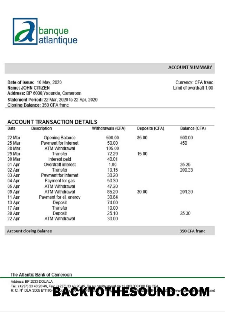 Yüksek Kalite İndir Kamerun Atlantic Banka Hesap Özeti Şablon, Word and PDF Format Örnek