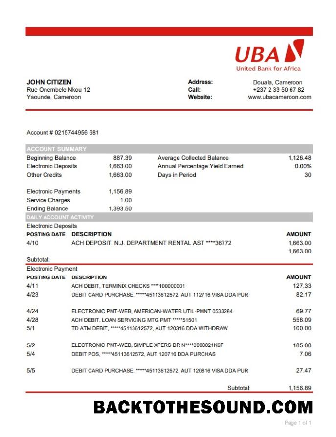 İndir Kamerun UBA Banka Hesap Özeti easy to fill in Excel and PDF Format Örnek örnek