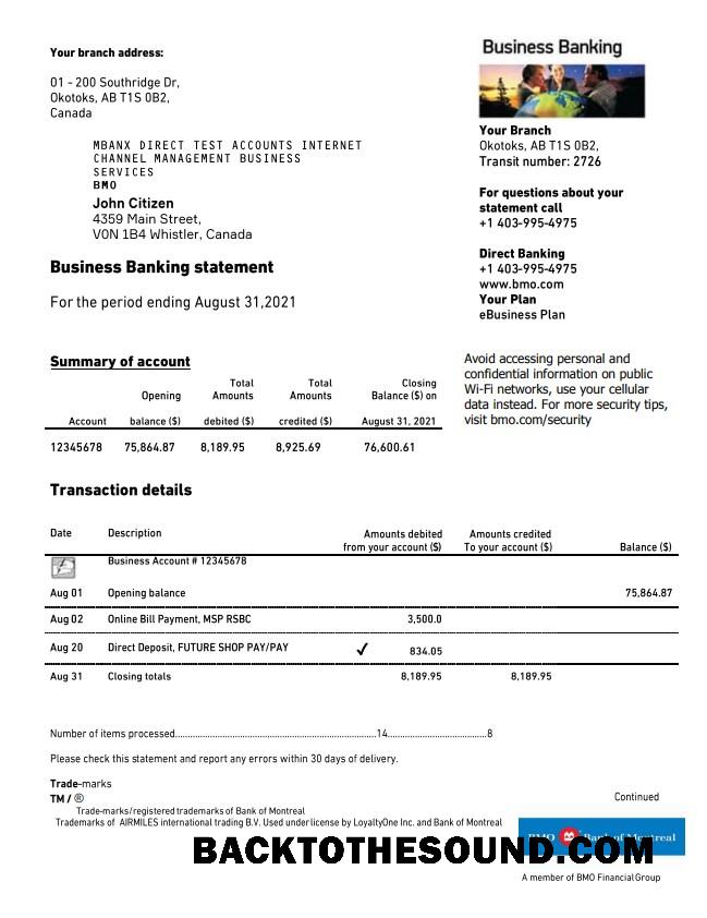 İndir Kanada BMO Banka of Montreal Hesap Özeti Örnek şablon