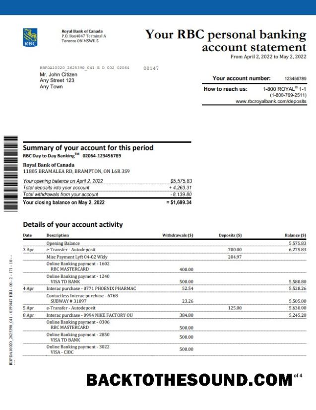 Premium İndir Kanada Royal Banka of Kanada (RBC) Banka Hesap Özeti, Word and PDF Şablon, 4 pages, Sürüm 2 Örnek