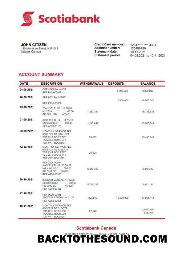 İndir Kanada Scotiabank Banka Hesap Özeti in Word and PDF Format Örnek şablon