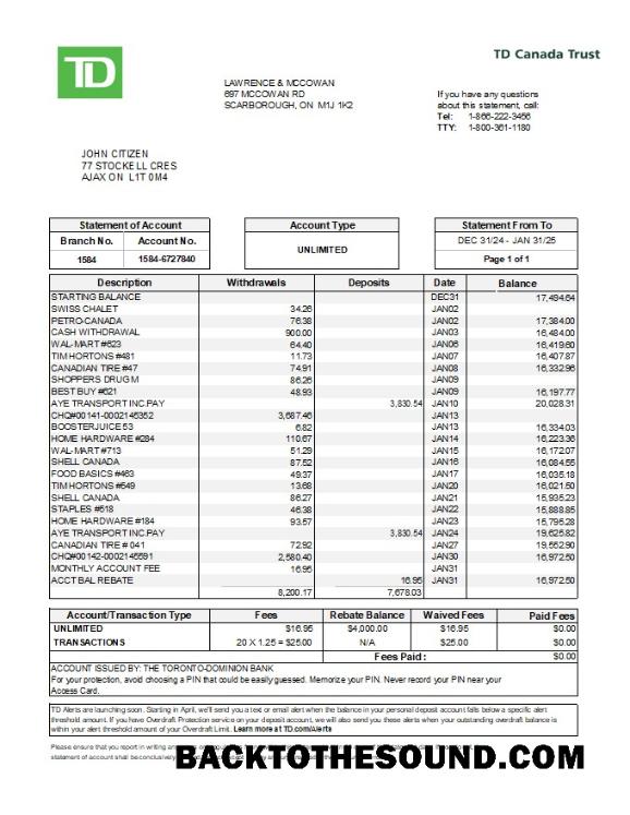 İndir Kanada TD Kanada Trust Banka Hesap Özeti in Excel and PDF Formatlar Örnek tasarım