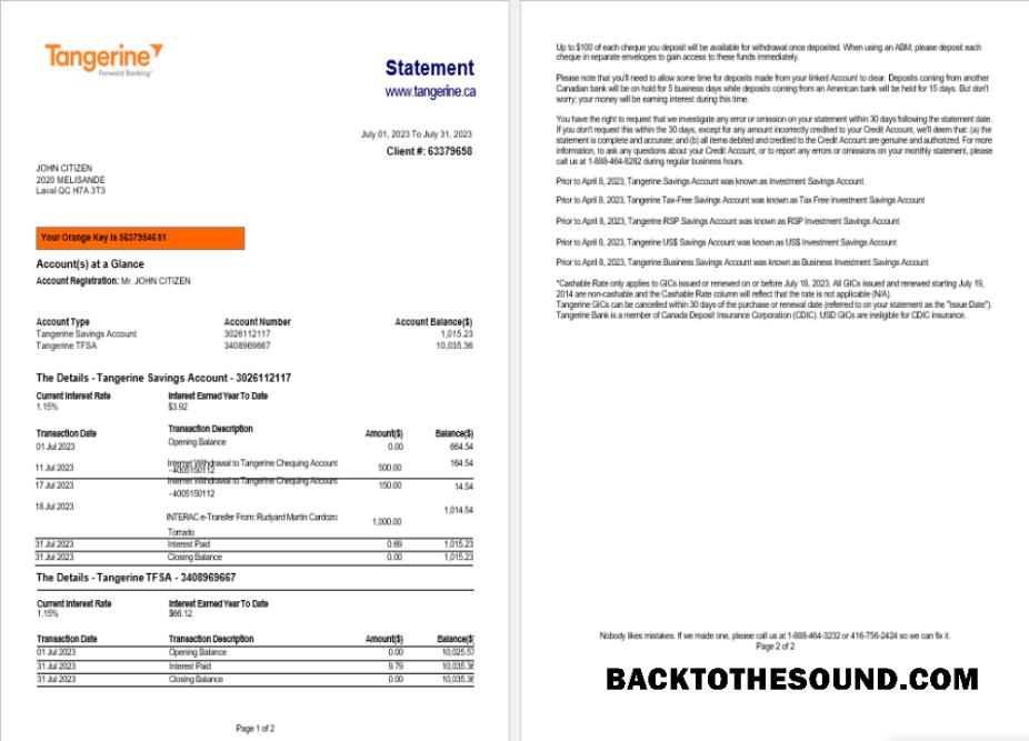 İndir Kanada Tangerine Banka Hesap Özeti Word and PDF Örnek tasarım