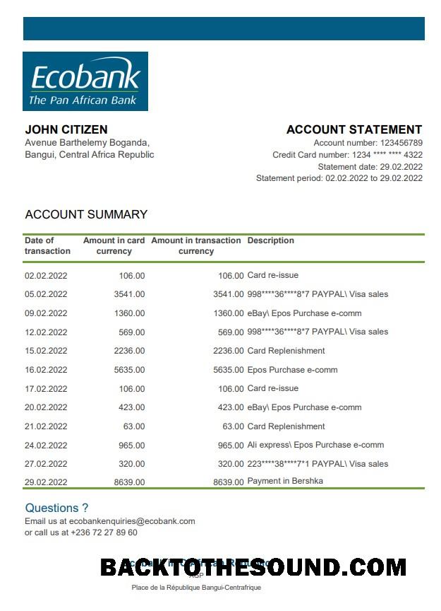 İndir Orta Afrika Cumhuriyeti Ecobank Banka Hesap Özeti Örnek taslak
