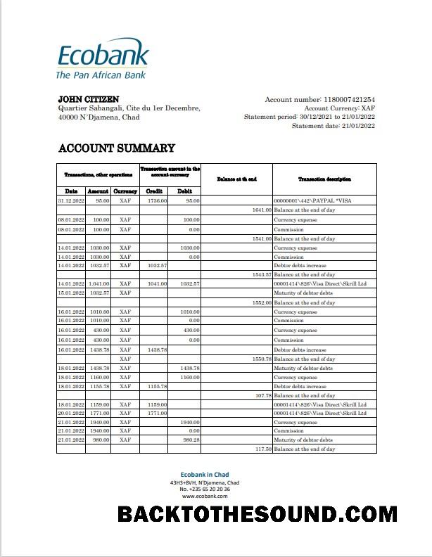 Profesyonel İndir Çad Ecobank Banka Hesap Özeti Excel and PDF Şablon, completely Düzenlenebilir (AutoSum) Örnek