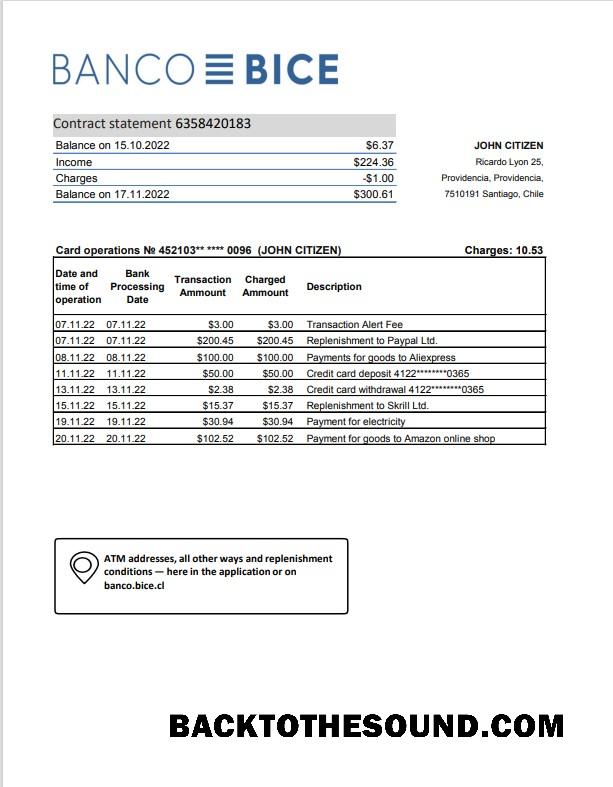Gerçekçi İndir Şili Banco Bice Banka Hesap Özeti Şablon, Excel and PDF Format Örnek
