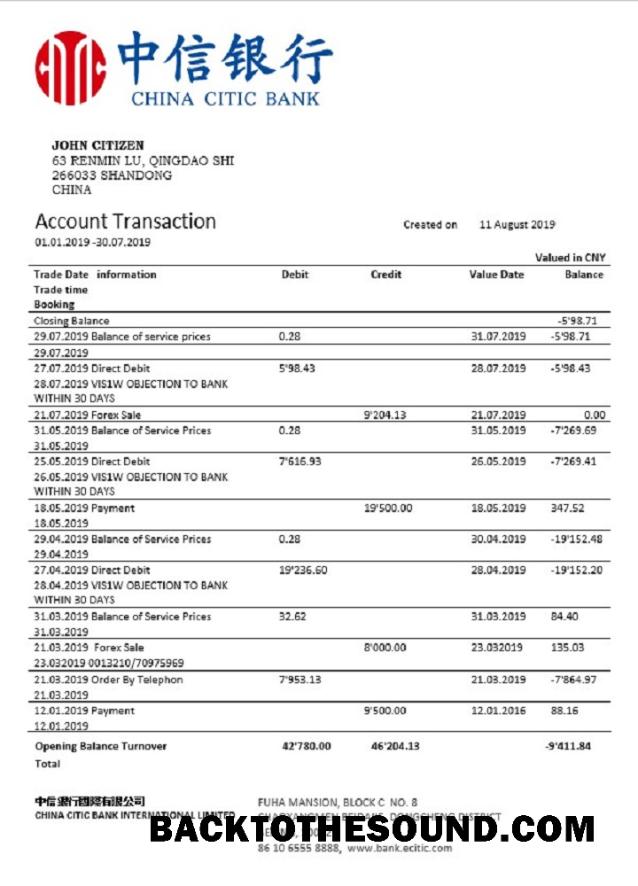 İndir Çin Citic Banka Corp Banka Hesap Özeti Örnek ön izleme