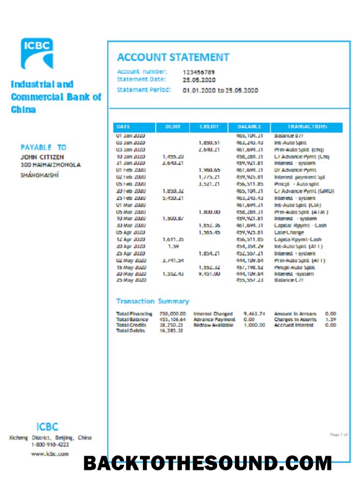 Premium İndir Çin Industrial and ticari Banka of Çin Banka Hesap Özeti Şablon, Word and PDF Format Örnek