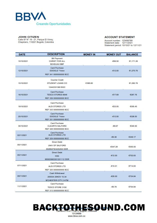 İndir Kolombiya BBVA Banka staement Örnek ön izleme