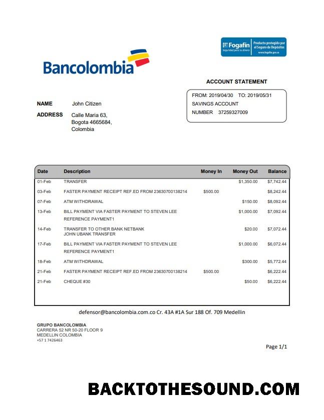 İndir Kolombiya Bancolombia Banka Hesap Özeti Örnek taslak