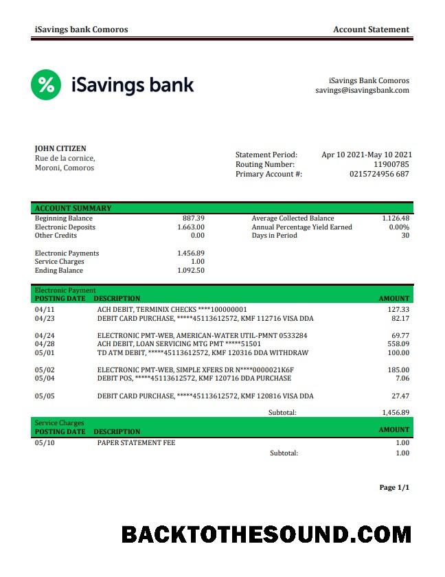 İndir Komorlar iSavings Banka Hesap Özeti Örnek örnek