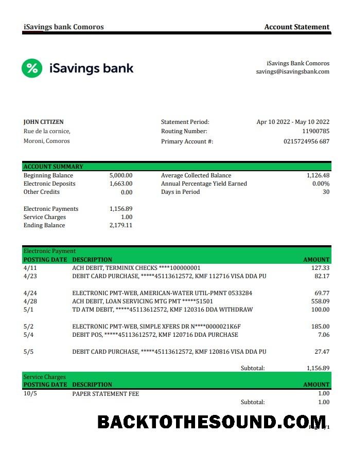İndir Komorlar iSavings Banka Hesap Özeti XLS Örnek taslak
