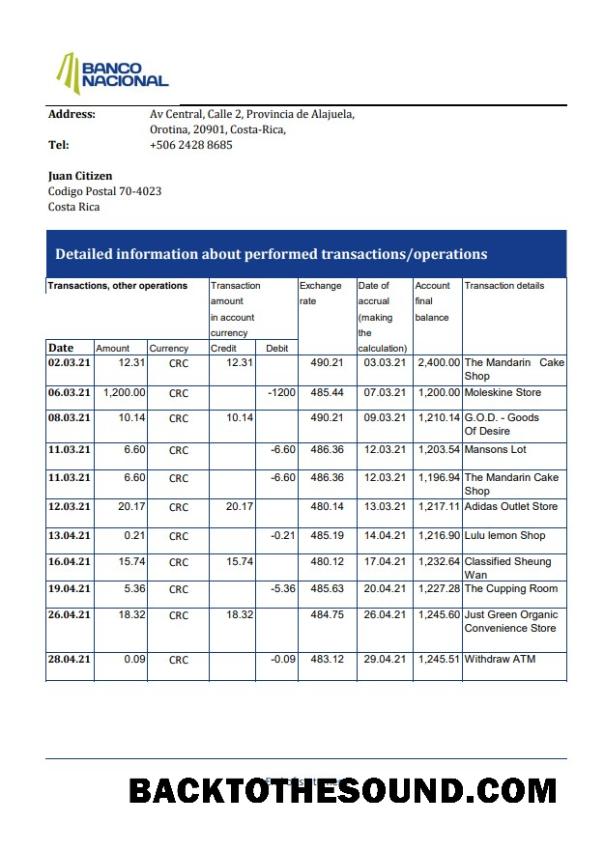 İndir Kosta Rika Banco Nacional Banka Hesap Özeti easy to fill in .XLS and .PDF Dosya Format Örnek ön izleme