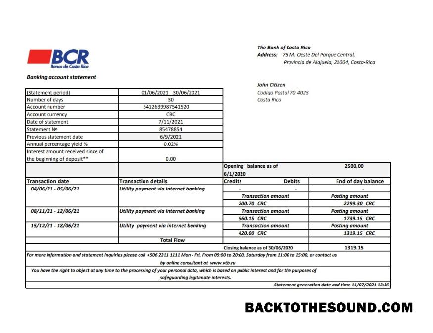 İndir Kosta Rika The Banka of Kosta Rika Banka Hesap Özeti easy to fill in Excel and PDF Format Örnek ön izleme
