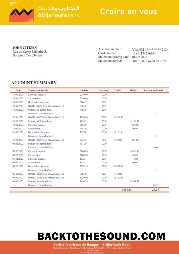 İndir Cote d'Ivoire Attijariwafa Banka Hesap Özeti Örnek ön izleme