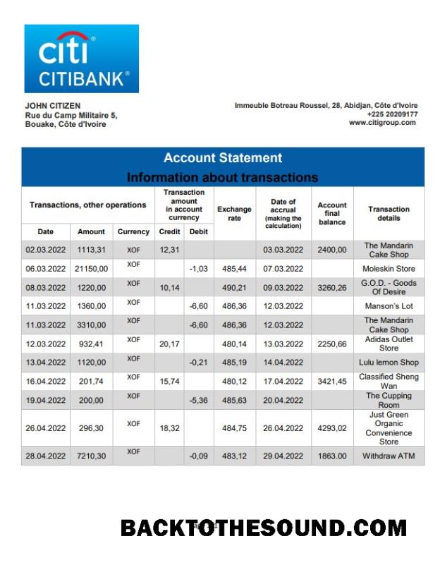 İndir Cote d'Ivoire Citibank Banka Hesap Özeti Örnek şablon