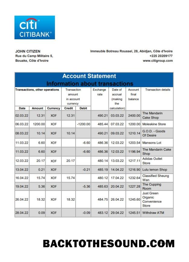 İndir Cote d'Ivoire Citibank Banka Hesap Özeti XLS Örnek şablon