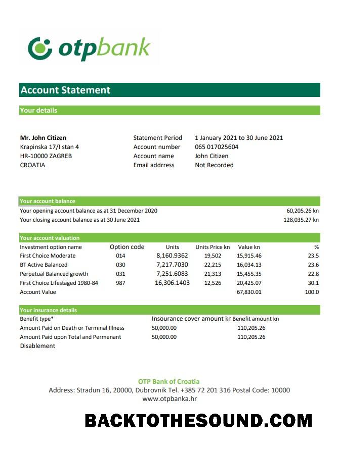 İndir Hırvatistan OTP Banka Hesap Özeti easy to fill in Excel and PDF Format Örnek şablon