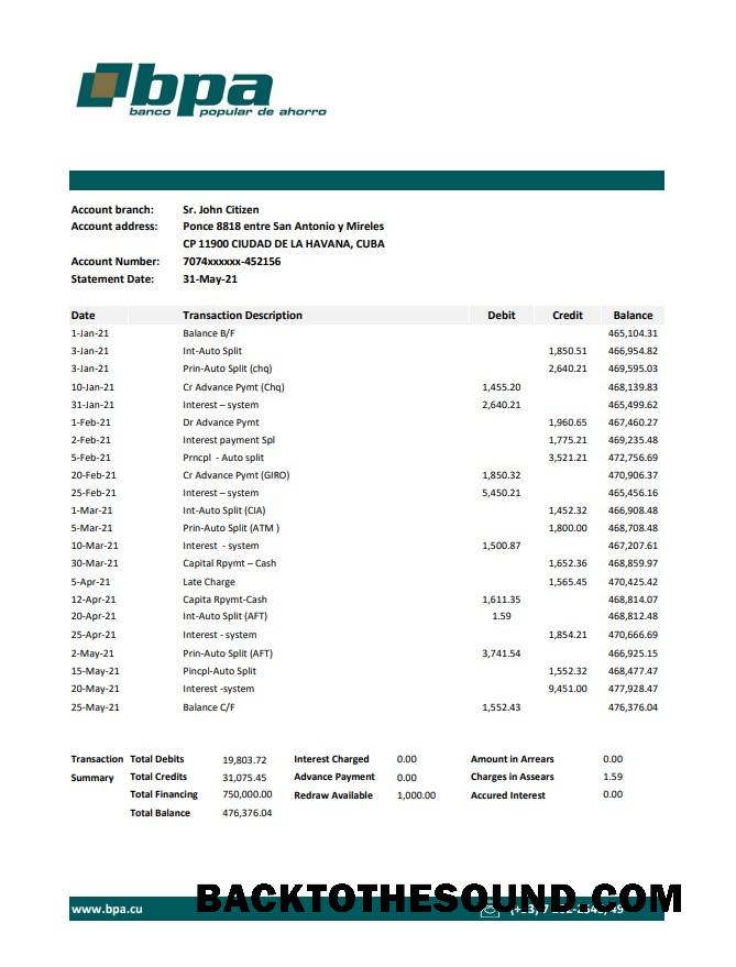 İndir Küba Banco Popular de Ahorro (BPA) Banka Hesap Özeti easy to fill in Excel and PDF Format Örnek ön izleme