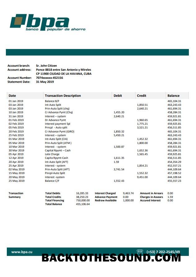 İndir Küba Banco Popular de Ahorro (BPA) Banka Hesap Özeti Örnek taslak