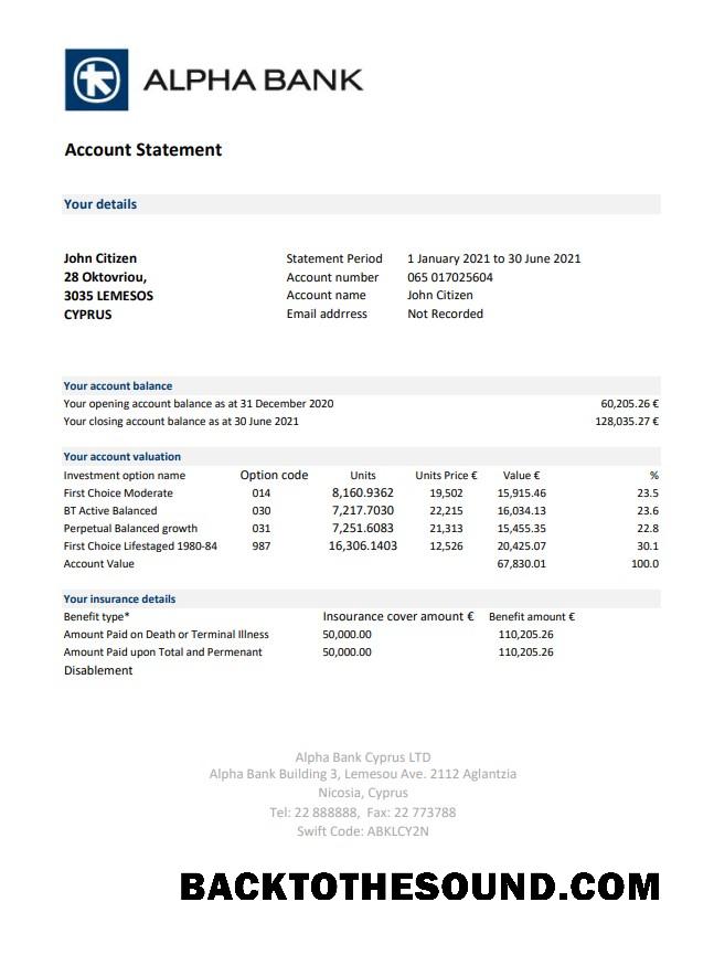 İndir Kıbrıs Alpha Banka Hesap Özeti easy to fill in Excel and PDF Format Örnek ön izleme