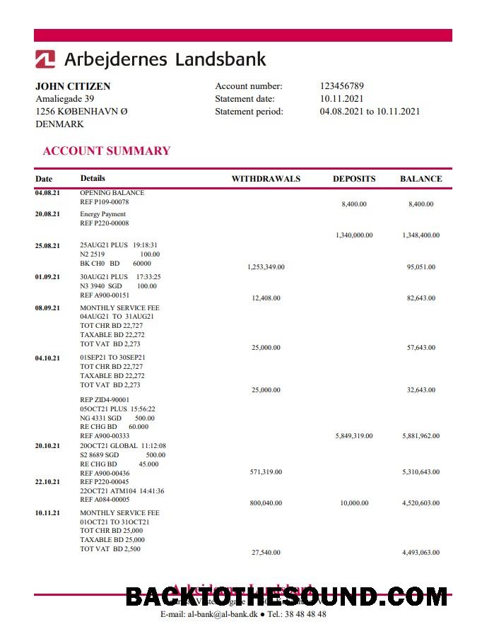 İndir Danimarka Arbejdernes Landsbank Banka Hesap Özeti easy to fill in Excel and PDF Format Örnek tasarım