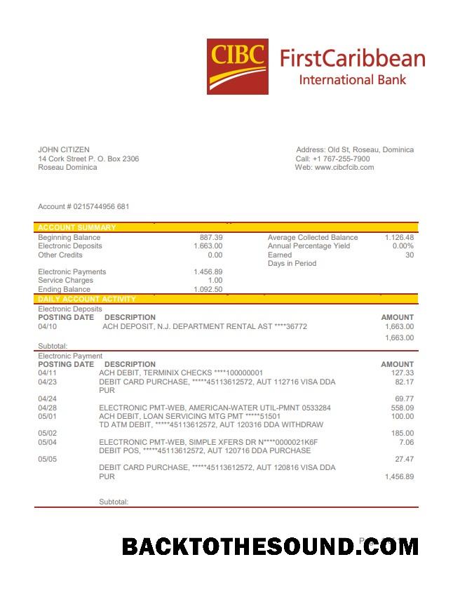 İndir Dominika CIBC First Caribbean uluslararası Banka Hesap Özeti Örnek tasarım