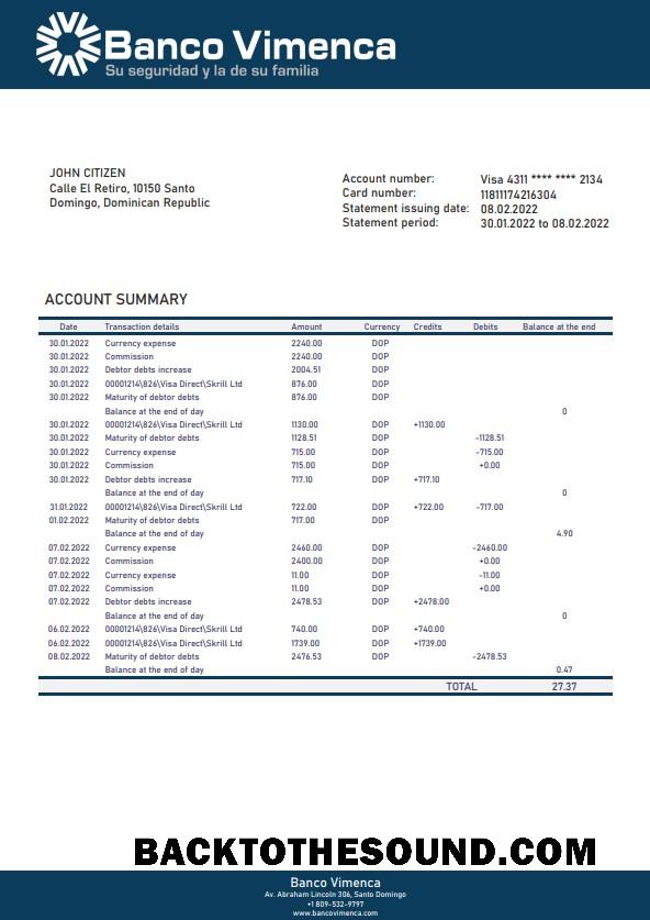 Profesyonel İndir Dominik Cumhuriyeti Banco Vimenca Banka Hesap Özeti Şablon, Word and PDF Format Örnek
