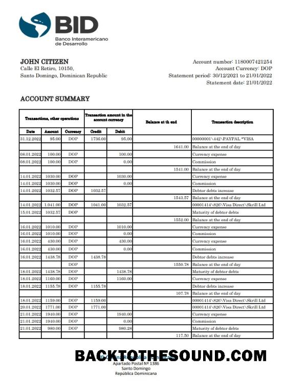 İndir Dominik Cumhuriyeti Bid Banka Hesap Özeti XLS Örnek şablon