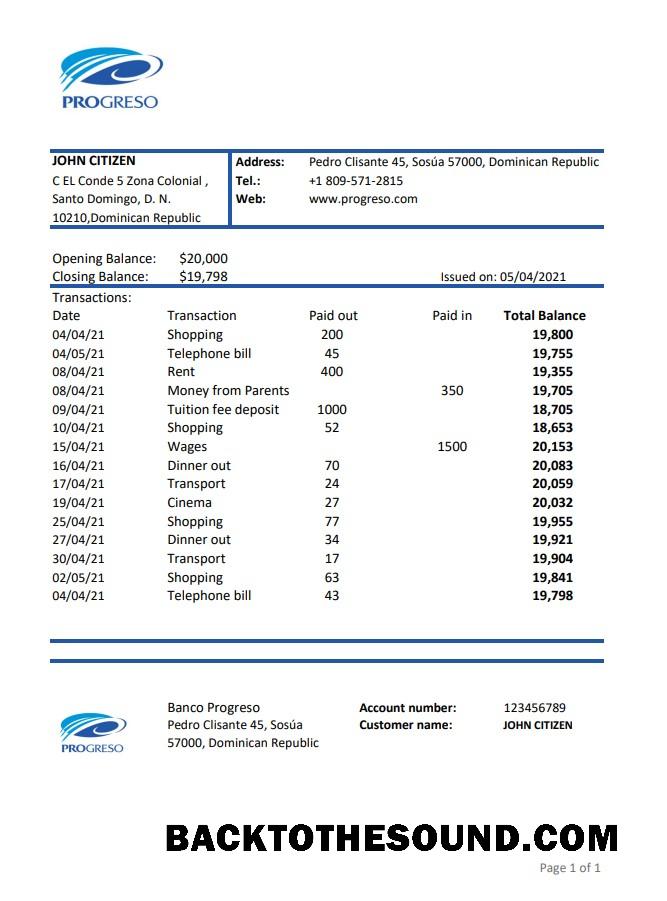 Premium İndir Dominik Cumhuriyeti Progreso Banka Hesap Özeti Şablon, Excel and PDF Format (.XLS and .PDF) Örnek