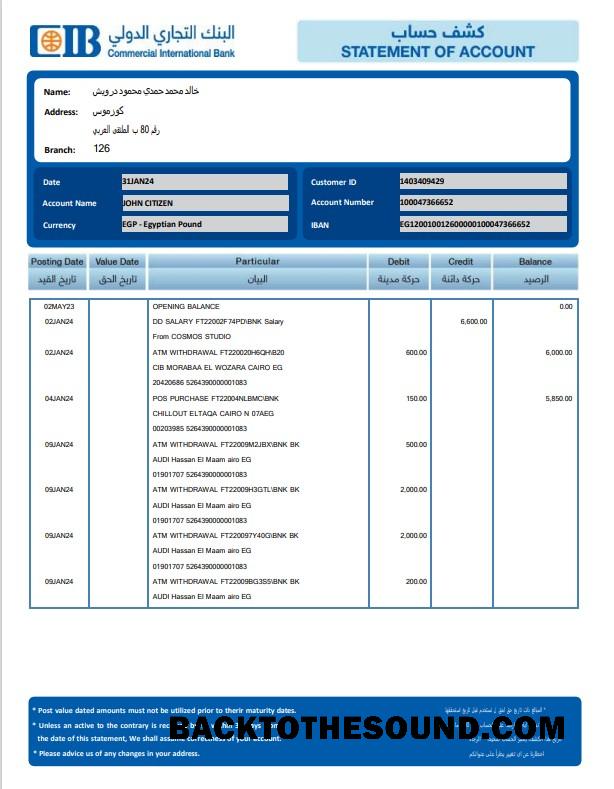 Yüksek Kalite İndir Mısır CIB Banka Hesap Özeti Şablon, Word and PDF Format Örnek