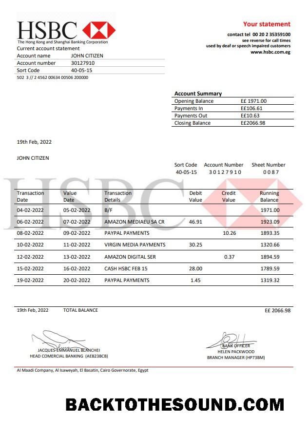 İndir Mısır HSBC Banka proof of address Hesap Özeti Örnek örnek