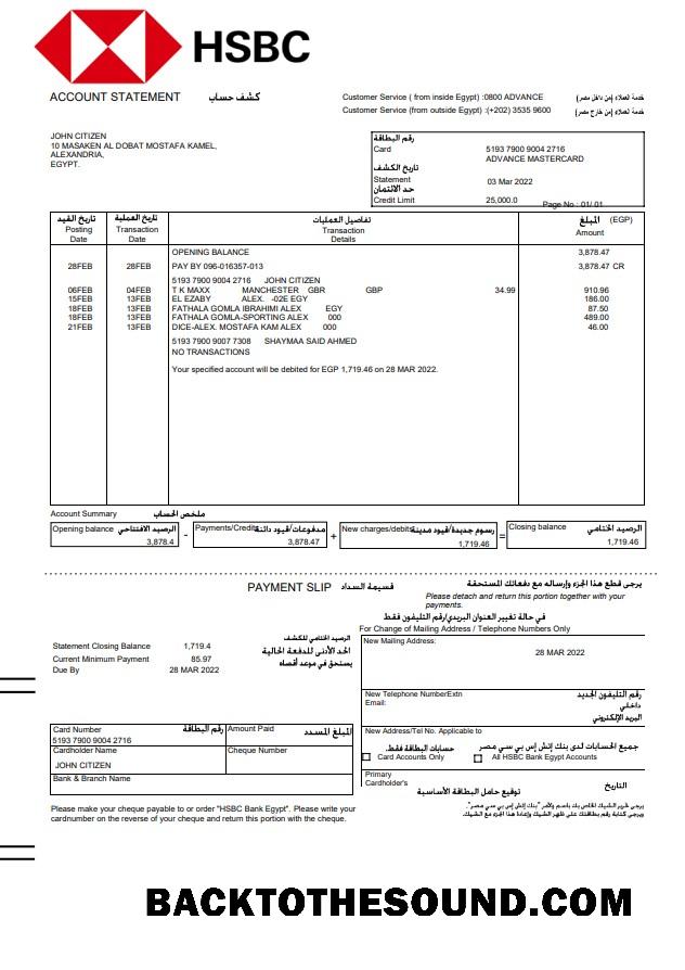 Gerçekçi İndir Mısır HSBC Banka Hesap Özeti, Word and PDF Şablon, Sürüm 2 Örnek