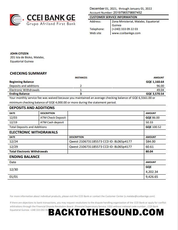 Düzenlenebilir İndir Ekvator Ginesi CCEI Banka Hesap Özeti Şablon, Word and PDF Format Örnek