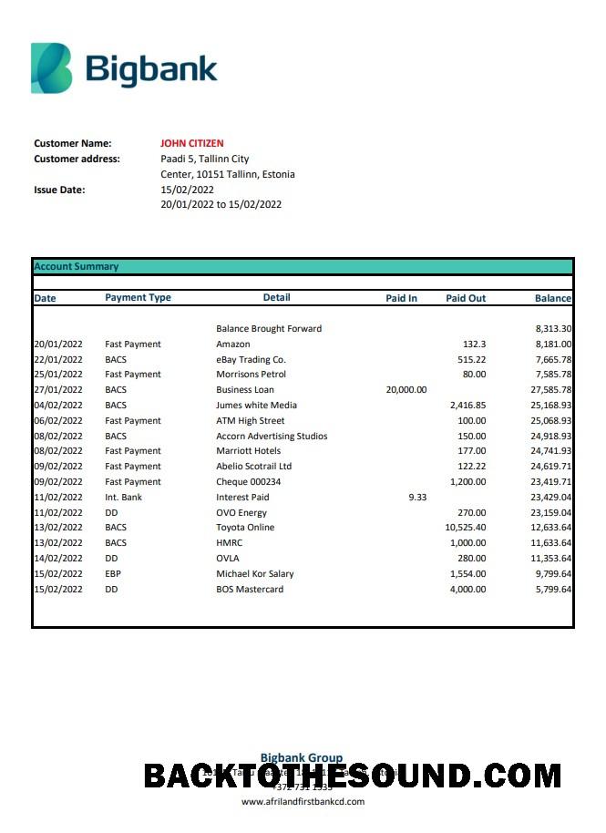İndir Estonya Bigbank Banka Hesap Özeti Örnek tasarım