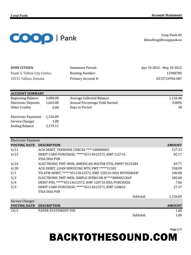 İndir Estonya Coop Pank Banka Hesap Özeti Örnek taslak