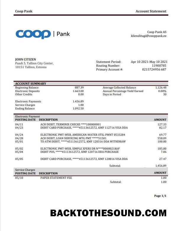 İndir Estonya Coop Pank proof of address Banka Hesap Özeti in Word and PDF Format Örnek tasarım