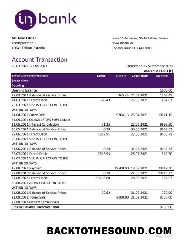 İndir Estonya Inbank Banka Hesap Özeti easy to fill in Excel and PDF Format Örnek ön izleme