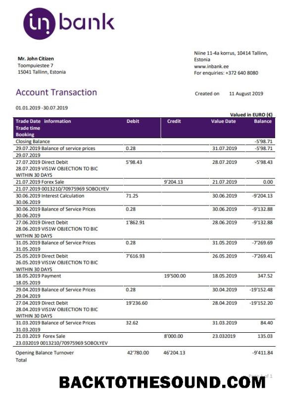 İndir Estonya Inbank Banka Hesap Özeti Örnek ön izleme