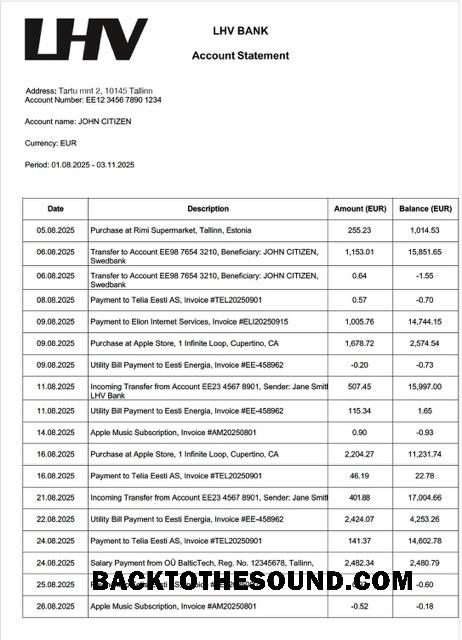 İndir Estonya LHV Banka Hesap Hesap Özeti Word and PDF Örnek tasarım